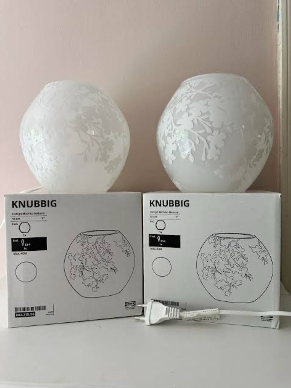 IKEA White Floral Glass Globe Table Lamps (Pair)